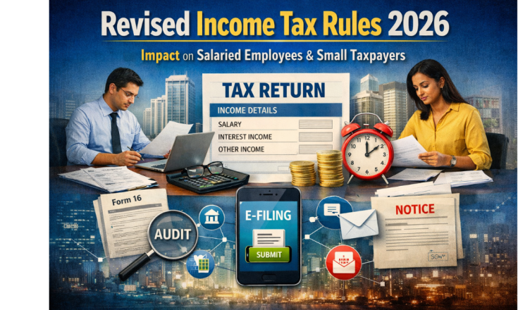 Infographic titled “Revised Income Tax Rules 2026” explaining how new income tax compliance changes affect salaried employees and small taxpayers, showing sections on pre-filled tax returns, expanded employer responsibility through Form 16, increased scrutiny of secondary income, and digital notices, illustrated with icons of tax forms, calculators, coins, documents, and professionals reviewing financial records.