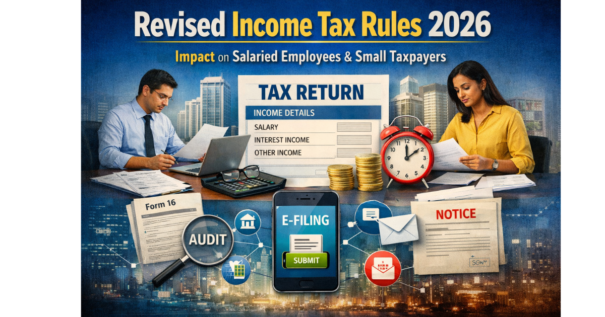 Infographic titled “Revised Income Tax Rules 2026” explaining how new income tax compliance changes affect salaried employees and small taxpayers, showing sections on pre-filled tax returns, expanded employer responsibility through Form 16, increased scrutiny of secondary income, and digital notices, illustrated with icons of tax forms, calculators, coins, documents, and professionals reviewing financial records.