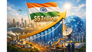 Illustration depicting India’s economic growth trajectory with a rising GDP graph crossing the $5 trillion mark, featuring infrastructure, industry, and digital economy symbols alongside the Indian tricolour.