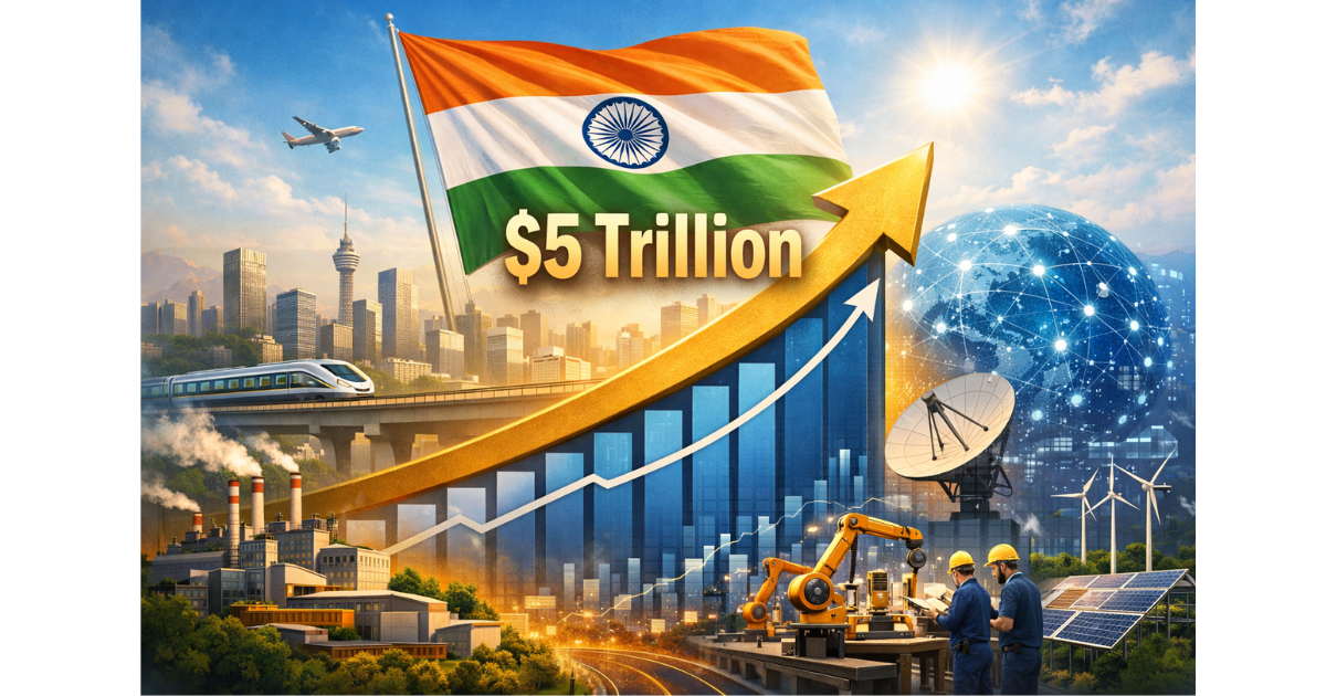 Illustration depicting India’s economic growth trajectory with a rising GDP graph crossing the $5 trillion mark, featuring infrastructure, industry, and digital economy symbols alongside the Indian tricolour.