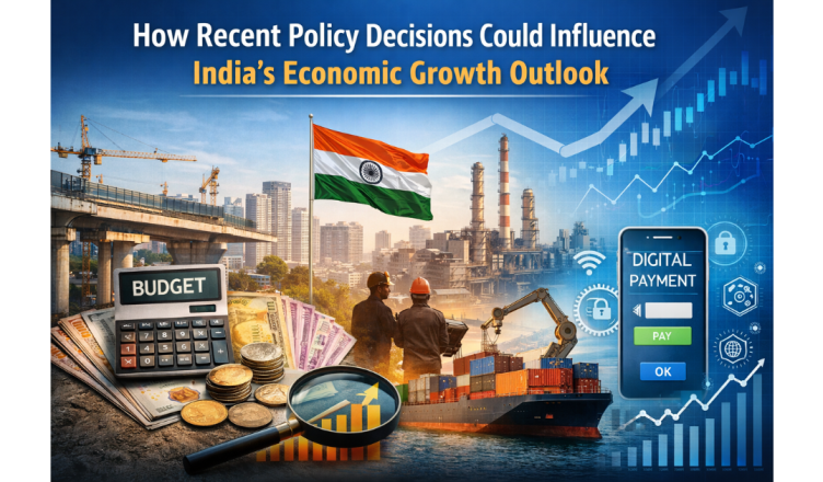 Infographic showing how recent policy decisions may influence India’s economic growth outlook, highlighting fiscal discipline, monetary policy, manufacturing and exports, structural reforms, and the digital economy with icons, charts, and the Indian flag.