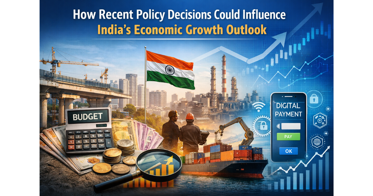 Infographic showing how recent policy decisions may influence India’s economic growth outlook, highlighting fiscal discipline, monetary policy, manufacturing and exports, structural reforms, and the digital economy with icons, charts, and the Indian flag.