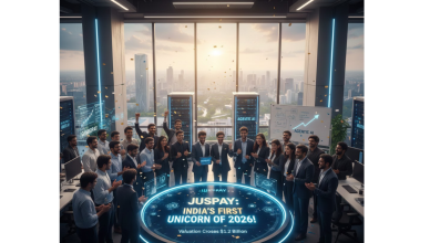 diverse team of startup professionals celebrating in a modern high-rise office with "Juspay: India's First Unicorn of 2026" displayed on a futuristic digital pedestal.