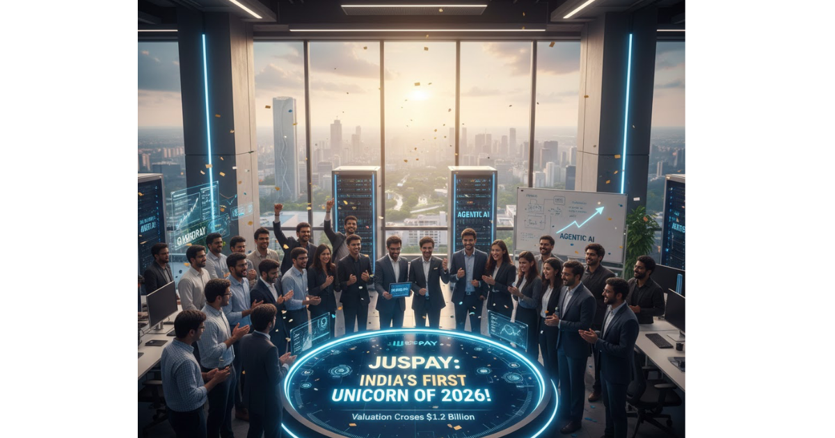 diverse team of startup professionals celebrating in a modern high-rise office with "Juspay: India's First Unicorn of 2026" displayed on a futuristic digital pedestal.
