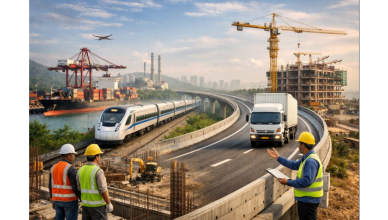 India’s infrastructure development showing a highway with freight trucks, a high-speed train, a port with cargo ships, and active construction sites, highlighting improvements in logistics, transport, and regional connectivity.