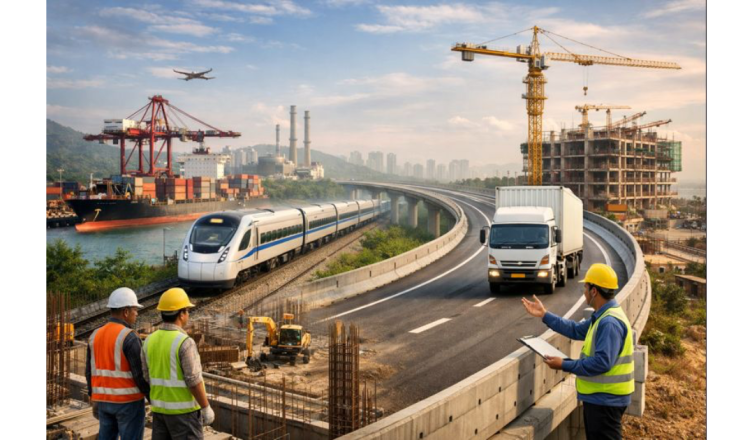 India’s infrastructure development showing a highway with freight trucks, a high-speed train, a port with cargo ships, and active construction sites, highlighting improvements in logistics, transport, and regional connectivity.