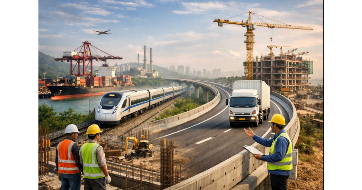 India’s infrastructure development showing a highway with freight trucks, a high-speed train, a port with cargo ships, and active construction sites, highlighting improvements in logistics, transport, and regional connectivity.