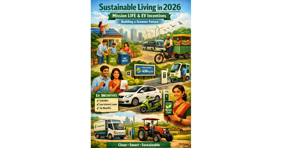 Mission LiFE initiatives and electric vehicle incentives in India in 2026, including waste segregation, rooftop solar, EV charging stations, electric cars, buses, and rural e-mobility.