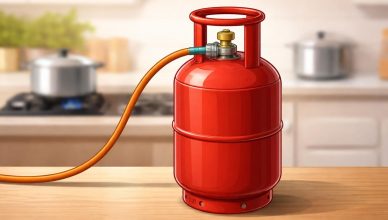 Domestic LPG gas cylinder in kitchen setting representing LPG Cylinder Price Today 06-02-2026