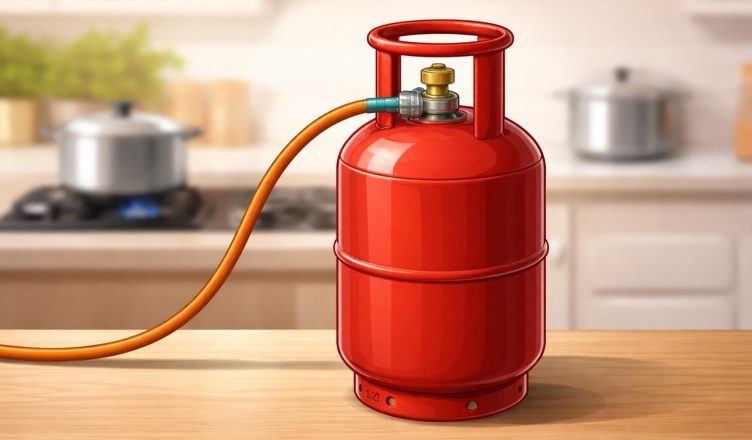 Domestic LPG gas cylinder in kitchen setting representing LPG Cylinder Price Today 06-02-2026