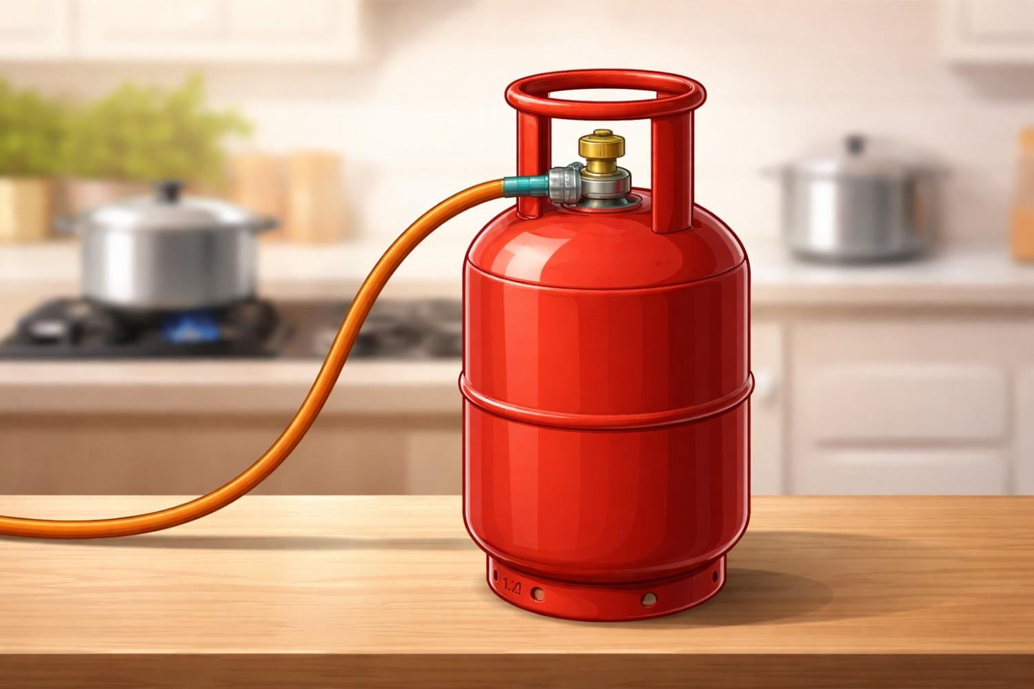 Domestic LPG gas cylinder in kitchen setting representing LPG Cylinder Price Today 06-02-2026