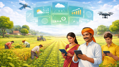 A digital illustration showing Indian farmers in a field using smartphones and tablets, with AI data overlays such as weather forecasts, crop health indicators, market prices, and satellite imagery connected through a central Bharat-VISTAAR platform interface.