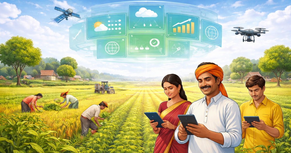 A digital illustration showing Indian farmers in a field using smartphones and tablets, with AI data overlays such as weather forecasts, crop health indicators, market prices, and satellite imagery connected through a central Bharat-VISTAAR platform interface.