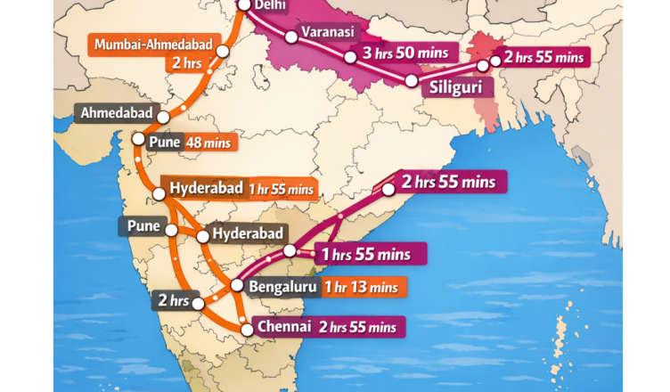 A map of India highlighting proposed and under-construction high-speed rail corridors, including Mumbai–Ahmedabad, Mumbai–Pune, Delhi–Varanasi, Chennai–Bengaluru, Hyderabad–Bengaluru, and eastern routes, with major cities marked and travel times indicated.