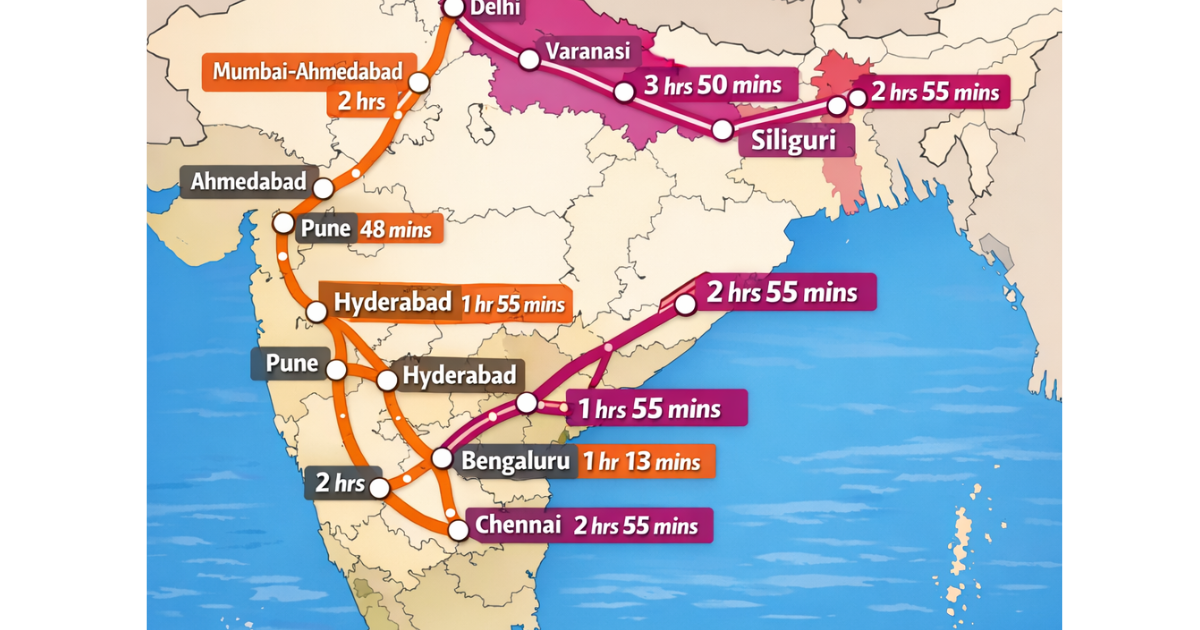 A map of India highlighting proposed and under-construction high-speed rail corridors, including Mumbai–Ahmedabad, Mumbai–Pune, Delhi–Varanasi, Chennai–Bengaluru, Hyderabad–Bengaluru, and eastern routes, with major cities marked and travel times indicated.