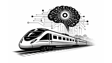 Minimal black and white vector illustration of a modern train connected to a digital AI brain symbolizing Indian Railways integrating artificial intelligence into passenger services