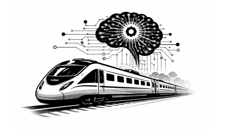 Minimal black and white vector illustration of a modern train connected to a digital AI brain symbolizing Indian Railways integrating artificial intelligence into passenger services