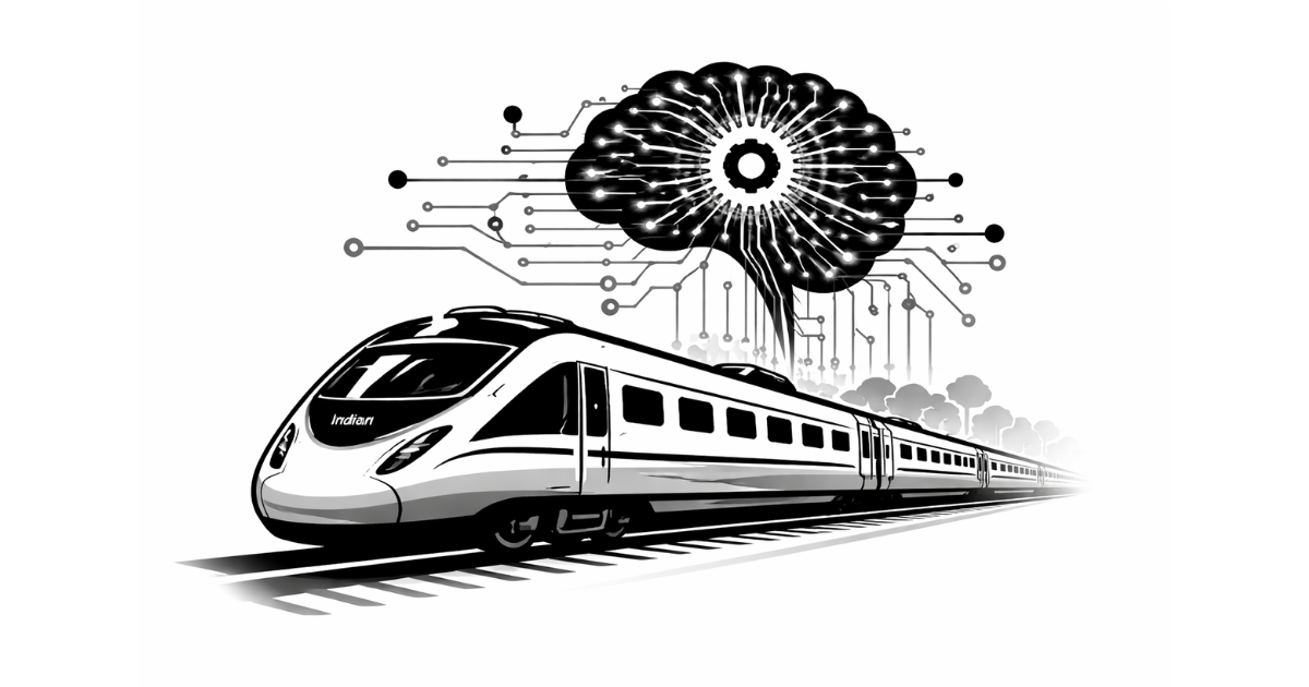Minimal black and white vector illustration of a modern train connected to a digital AI brain symbolizing Indian Railways integrating artificial intelligence into passenger services