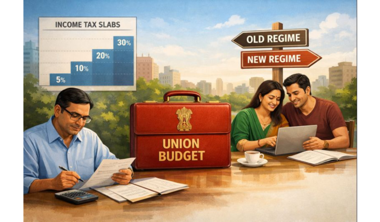 A calm illustration of Indian taxpayers reviewing personal finance documents, with a Union Budget briefcase and stable income tax slabs shown in the background, symbolising continuity and stability in personal taxation.