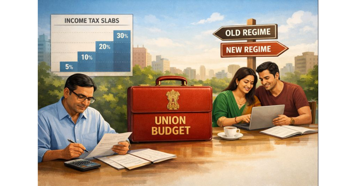 A calm illustration of Indian taxpayers reviewing personal finance documents, with a Union Budget briefcase and stable income tax slabs shown in the background, symbolising continuity and stability in personal taxation.