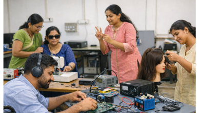 Persons with disabilities participating in skill training under the Divyangjan Kaushal Yojana at an accessible vocational training centre in India, using adaptive tools and guided by trained instructors.