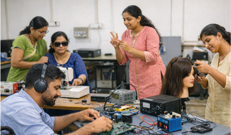 Persons with disabilities participating in skill training under the Divyangjan Kaushal Yojana at an accessible vocational training centre in India, using adaptive tools and guided by trained instructors.