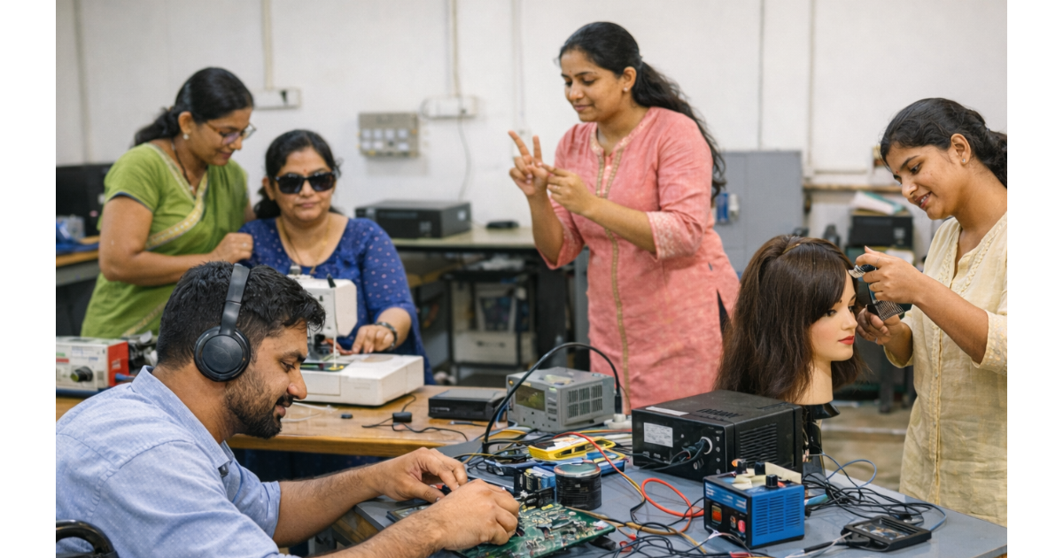 Persons with disabilities participating in skill training under the Divyangjan Kaushal Yojana at an accessible vocational training centre in India, using adaptive tools and guided by trained instructors.