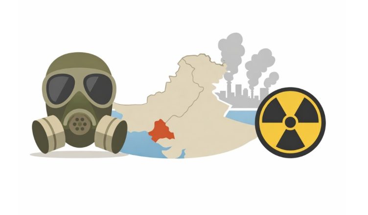 Minimal editorial illustration showing a gas mask and Pakistan map highlighting Karachi with industrial smoke symbolizing gas leak security concerns