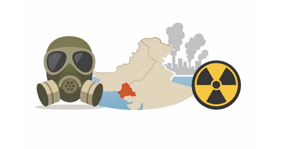 Minimal editorial illustration showing a gas mask and Pakistan map highlighting Karachi with industrial smoke symbolizing gas leak security concerns