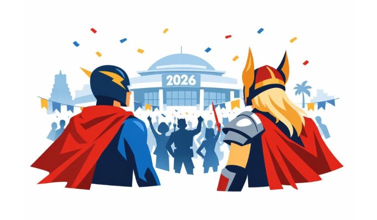 Minimal editorial illustration of two cosplayers facing a large convention crowd outside a comic convention venue, symbolizing Chennai Comic Con 2026’s record turnout and cosplay celebration