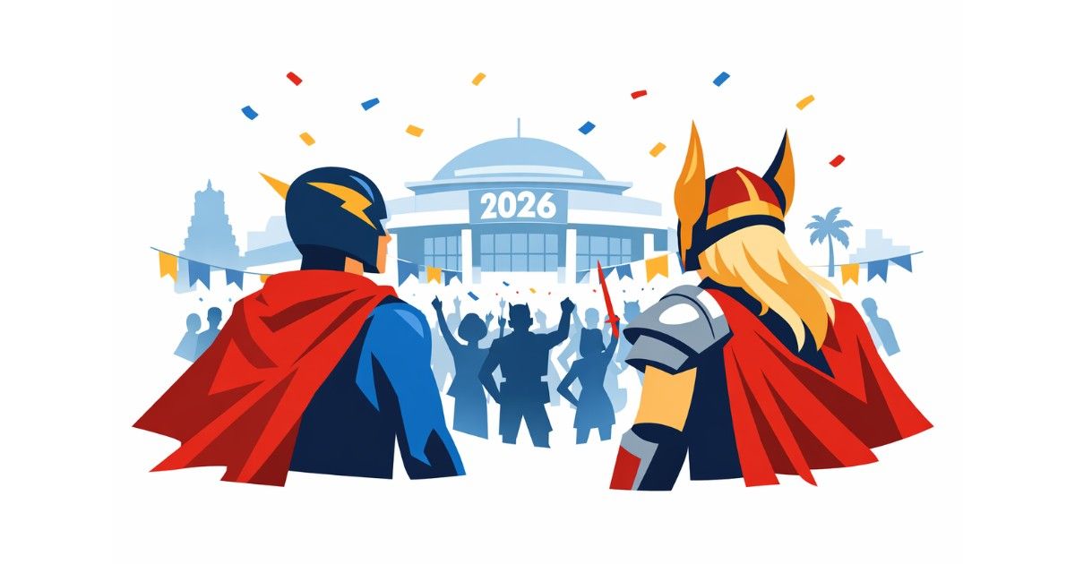 Minimal editorial illustration of two cosplayers facing a large convention crowd outside a comic convention venue, symbolizing Chennai Comic Con 2026’s record turnout and cosplay celebration