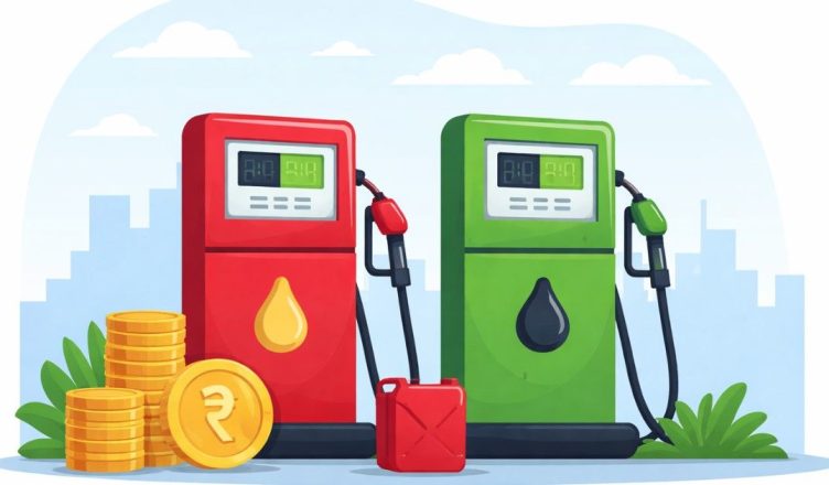Fuel Price Today 06 February 2026 illustration showing petrol and diesel pumps with rupee coins in India