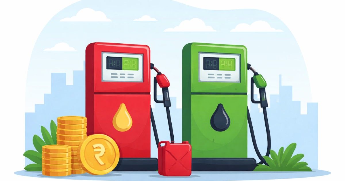 Fuel Price Today 06 February 2026 illustration showing petrol and diesel pumps with rupee coins in India