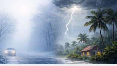 Weather Forecast Today 06 February 2026 showing cold wave fog in North India and heavy rain with lightning in tropical region illustration