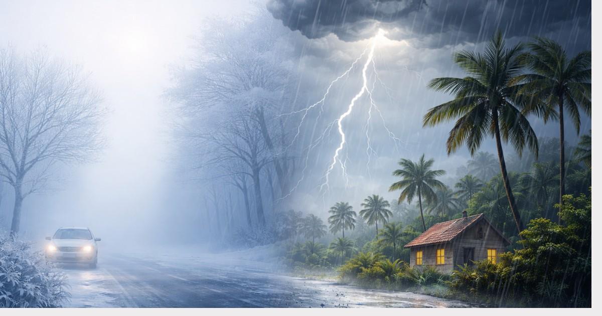 Weather Forecast Today 06 February 2026 showing cold wave fog in North India and heavy rain with lightning in tropical region illustration
