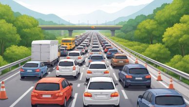 Illustration showing heavy traffic congestion on the Mumbai–Pune Expressway with vehicles stuck in long queues amid green hills.
