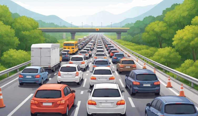 Illustration showing heavy traffic congestion on the Mumbai–Pune Expressway with vehicles stuck in long queues amid green hills.