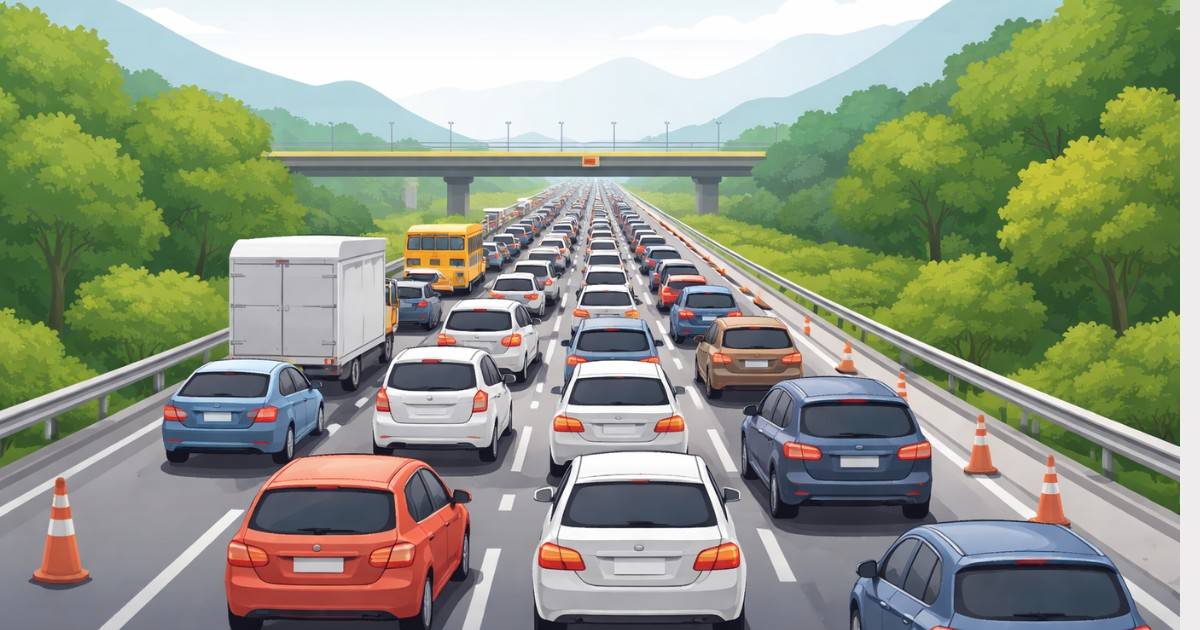 Illustration showing heavy traffic congestion on the Mumbai–Pune Expressway with vehicles stuck in long queues amid green hills.