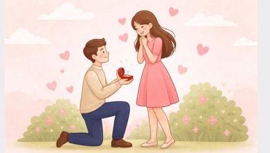 Simple illustration of a couple proposing on Propose Day 2026 with a ring and hearts in the background