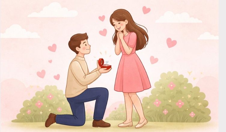 Simple illustration of a couple proposing on Propose Day 2026 with a ring and hearts in the background