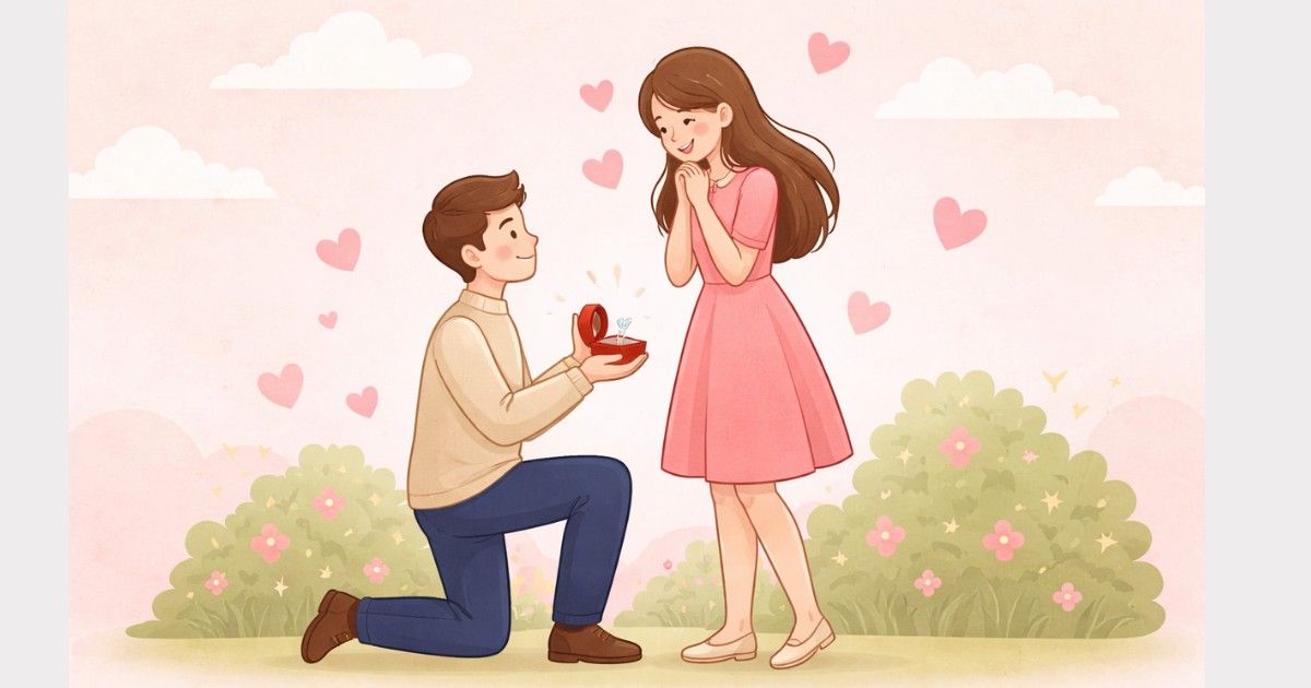 Simple illustration of a couple proposing on Propose Day 2026 with a ring and hearts in the background