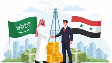 Illustration showing Saudi Arabia and Syria handshake with telecom tower symbolising $1 billion telecom deal and Middle East connectivity