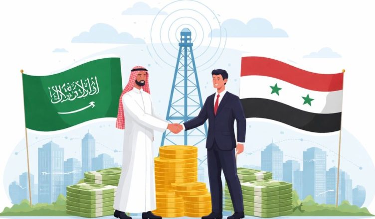 Illustration showing Saudi Arabia and Syria handshake with telecom tower symbolising $1 billion telecom deal and Middle East connectivity