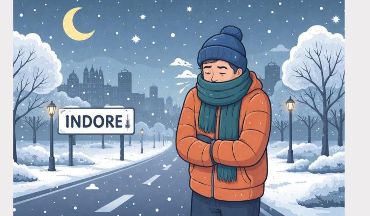 Simple illustration showing a cold night in Indore with misty streets, houses, and people wearing warm clothes during February weather.