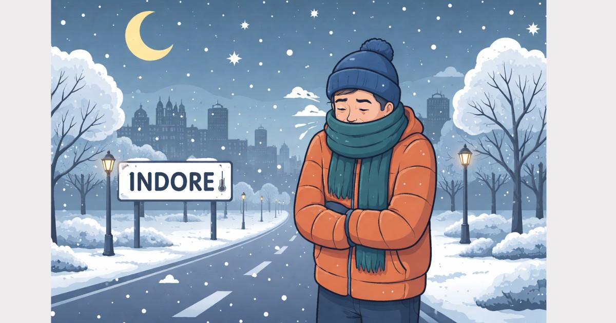 Simple illustration showing a cold night in Indore with misty streets, houses, and people wearing warm clothes during February weather.