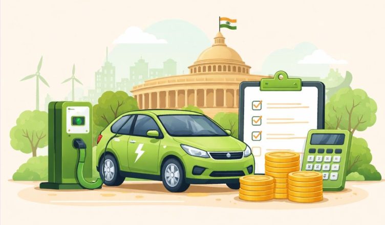 Simple illustration of a green electric car at a charging station with Indian Parliament and tax symbols, representing electric vehicle tax incentives in India for 2026.