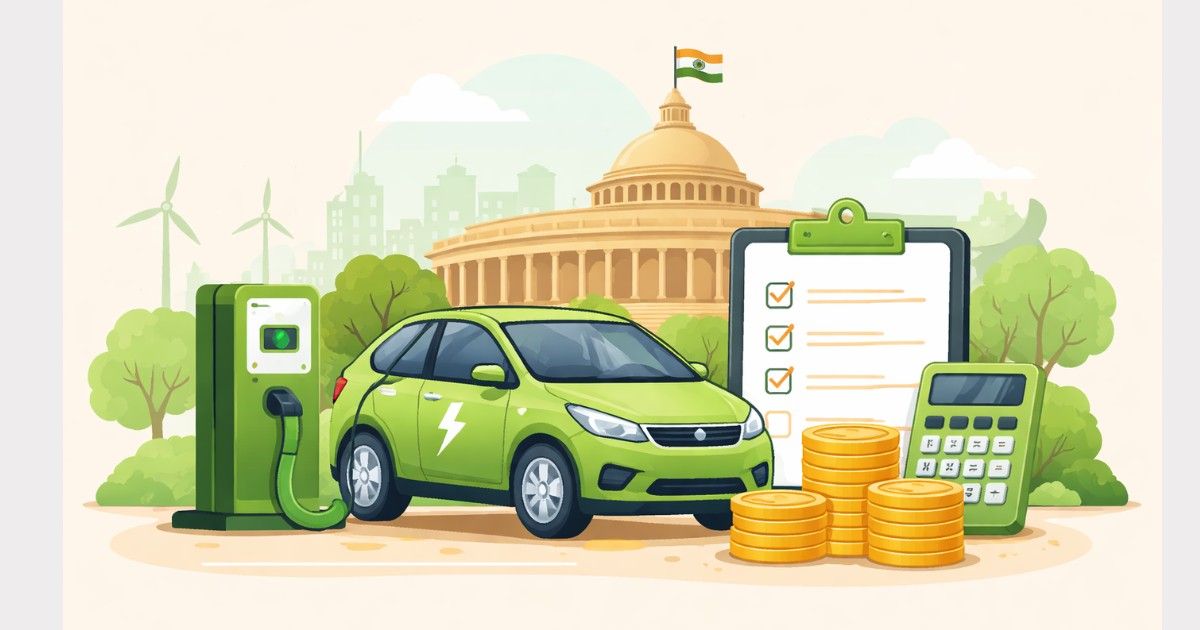 Simple illustration of a green electric car at a charging station with Indian Parliament and tax symbols, representing electric vehicle tax incentives in India for 2026.