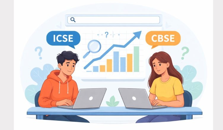 Students analyzing ICSE and CBSE board exam result prediction trends on laptops with charts and graphs