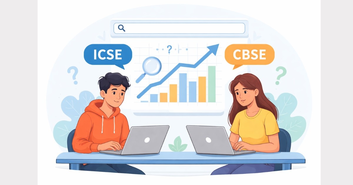 Students analyzing ICSE and CBSE board exam result prediction trends on laptops with charts and graphs