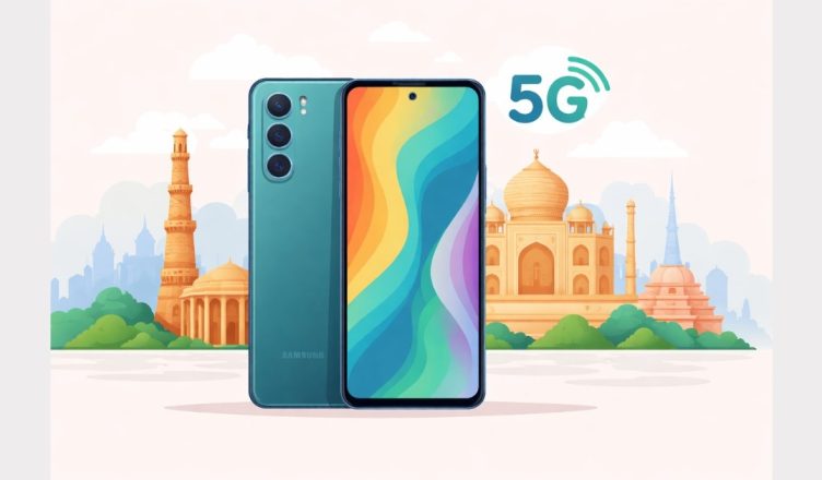 Illustration of Samsung Galaxy F70e 5G smartphone with Indian landmarks representing India launch
